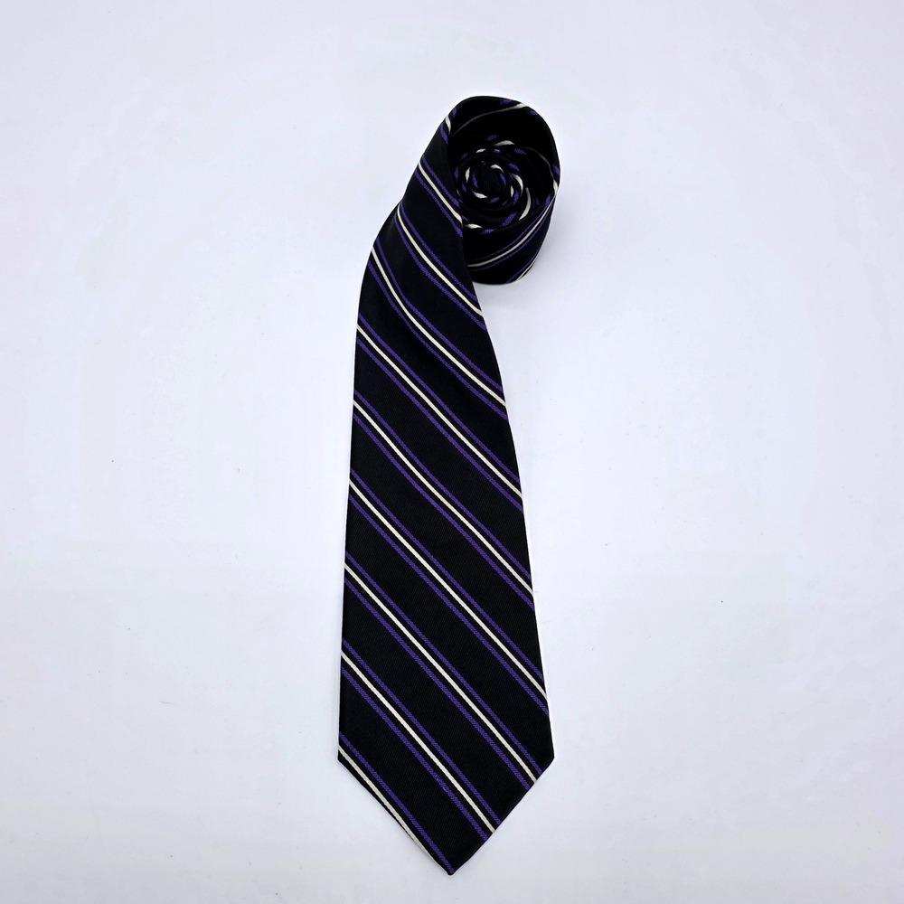 Lauren Ralph Lauren Mens Silk Tie Black Purple White Striped Hand Finished USA